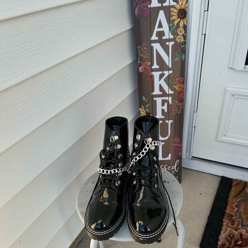 Black Patent Leather Boots with Chain Detail